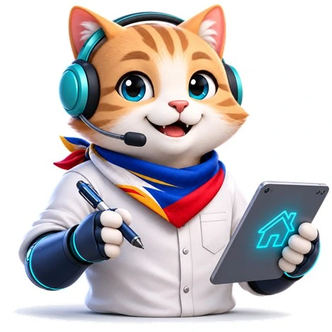 BayMo mascot, a friendly cat wearing a headset and holding a tablet