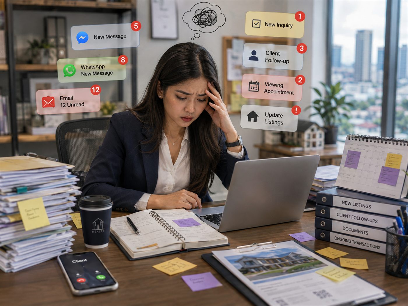 A real estate agent at her desk, overwhelmed by unread
                 inquiries, follow-ups, viewing appointments and listings
                 to update