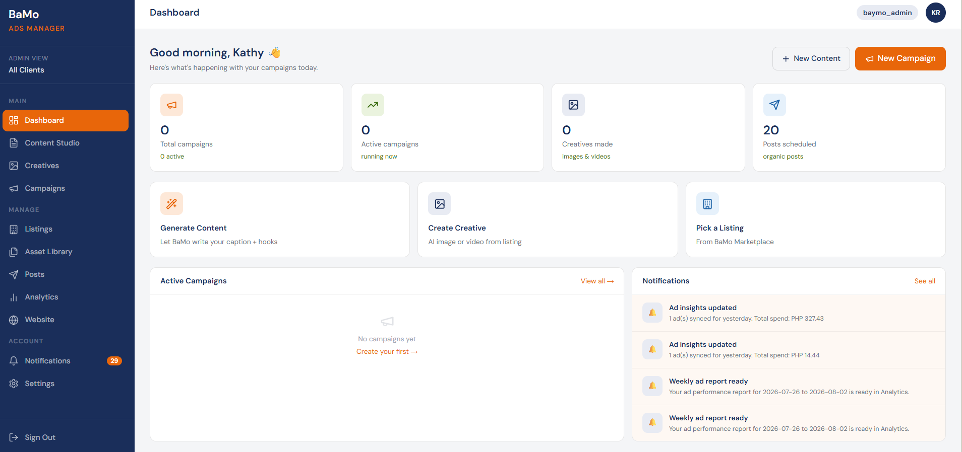 BaMo Ads Manager dashboard