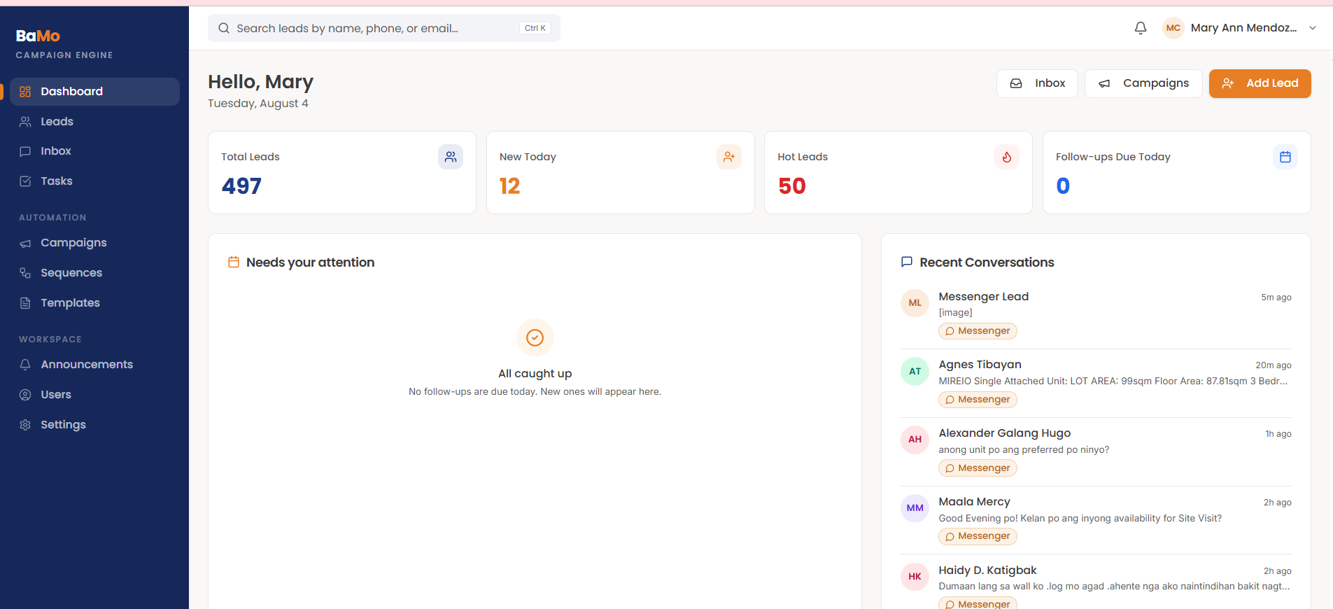 BaMo Campaign Engine dashboard