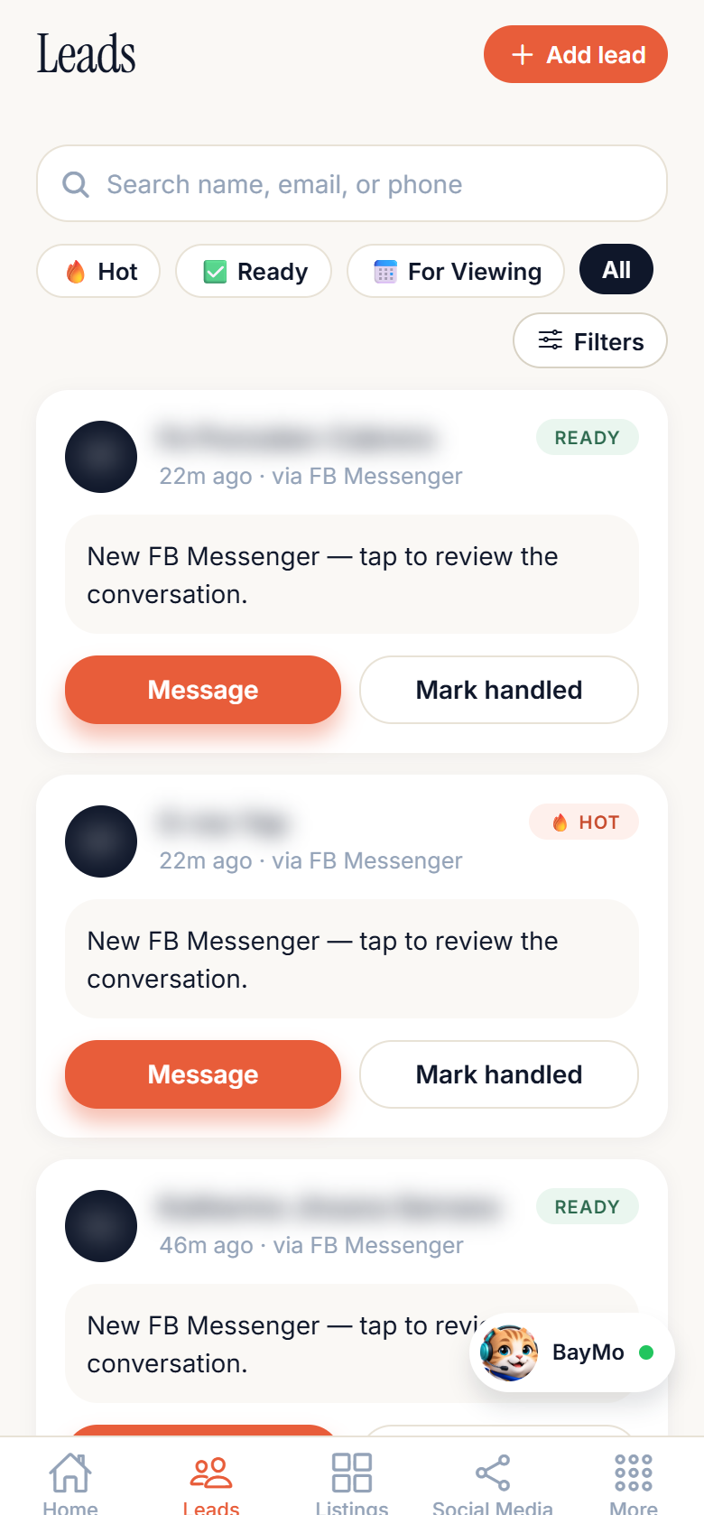 BaMo mobile leads screen
