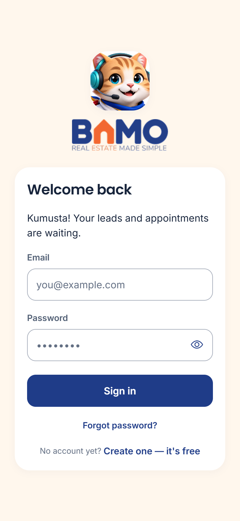 BaMo sign-in screen